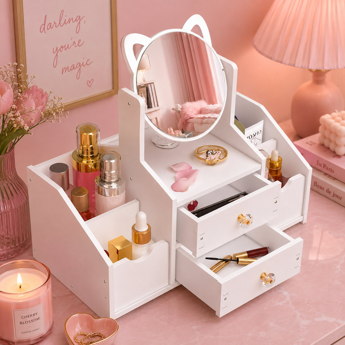 Cat mirror desk organizer