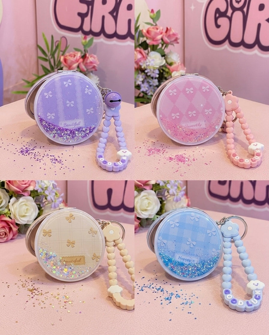 Bow glitter pocket mirror keychain