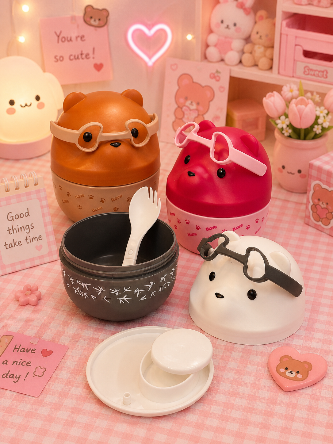 Kawaii glasses handle bear lunchbox