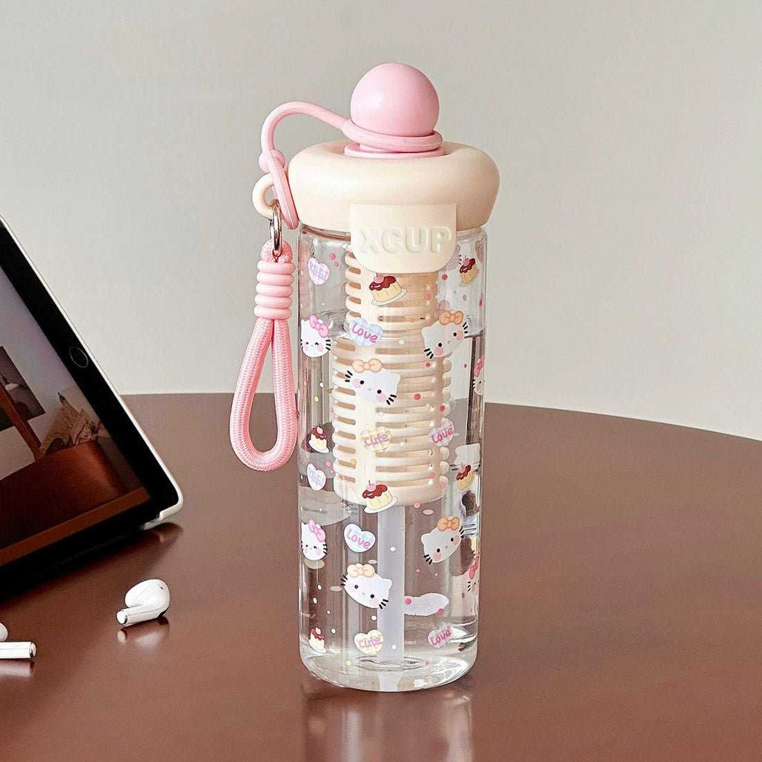 Kawaii cartoon water bottle with wrist strap