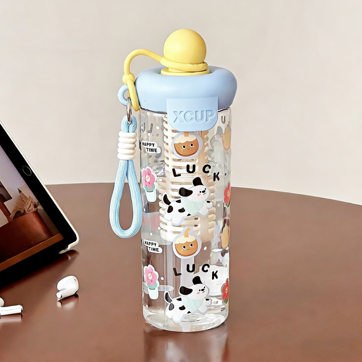 Kawaii cartoon water bottle with wrist strap