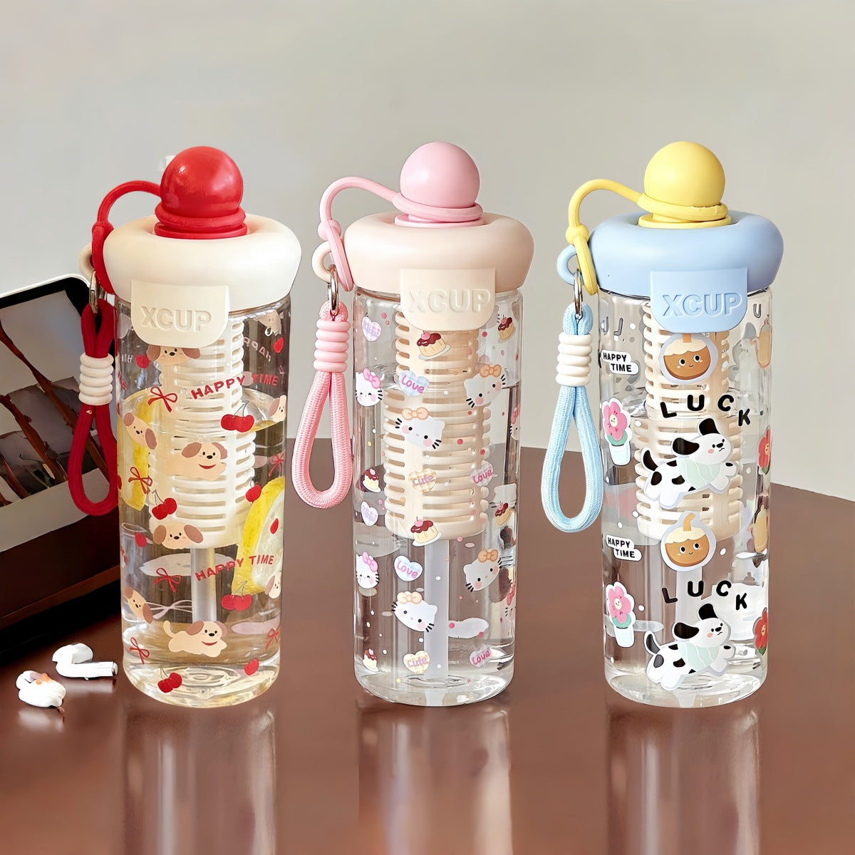 Kawaii cartoon water bottle with wrist strap