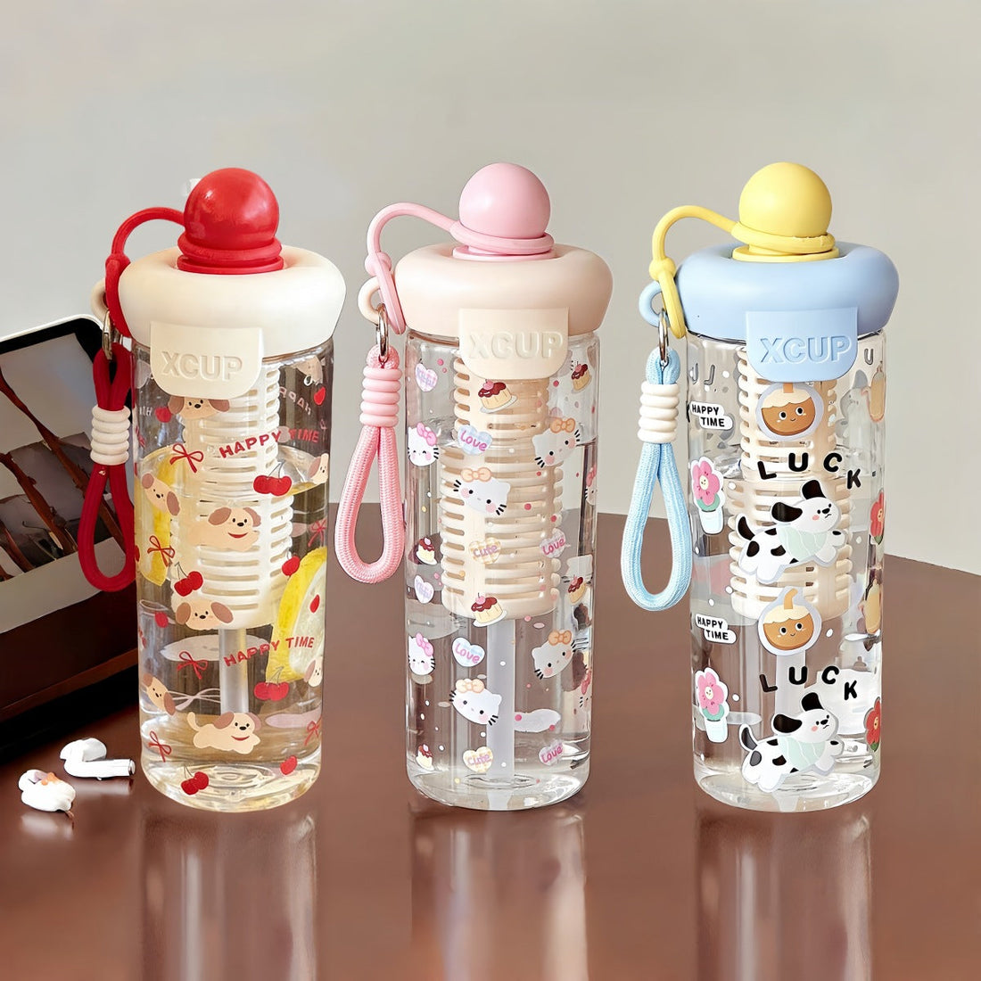 Kawaii cartoon water bottle with wrist strap