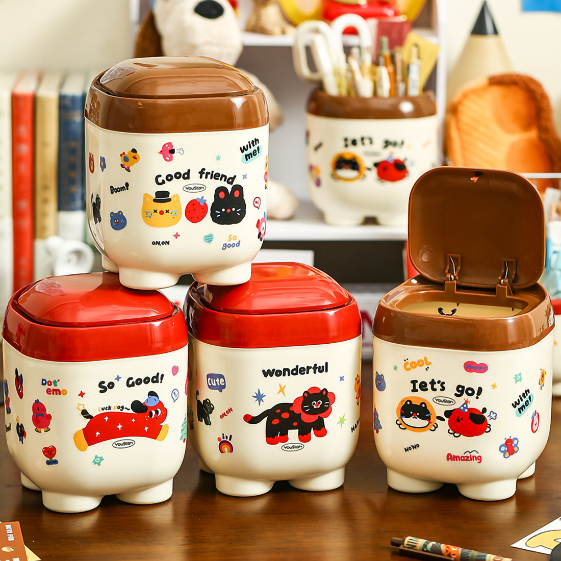 Kawaii dustbin with quirky stickers