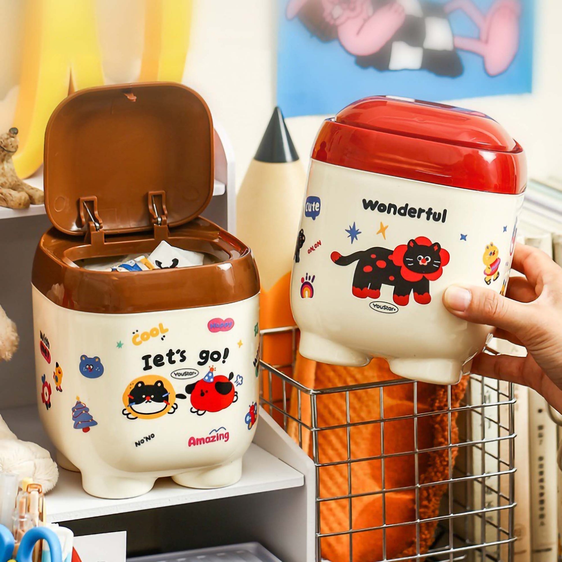 Kawaii dustbin with quirky stickers
