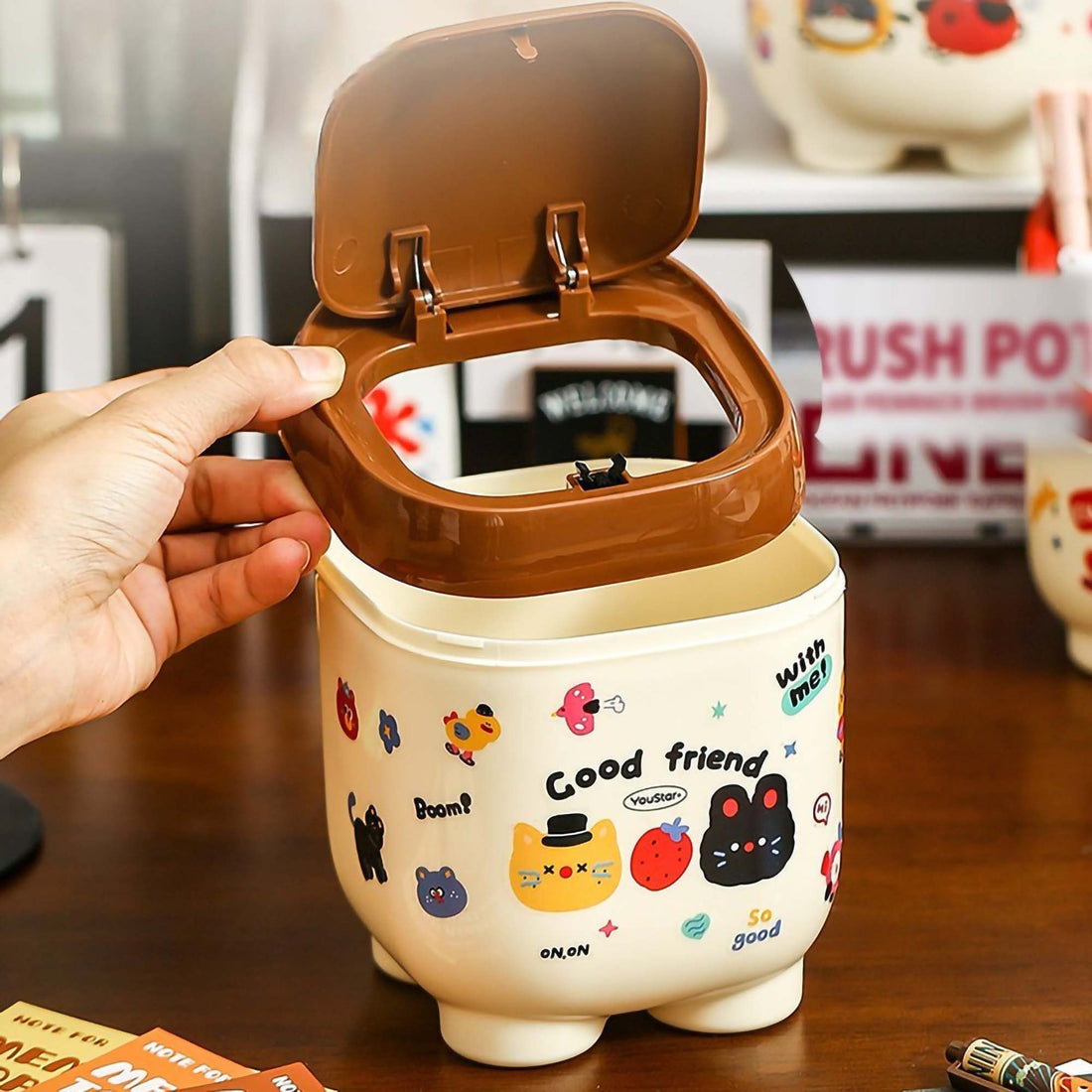 Kawaii dustbin with quirky stickers
