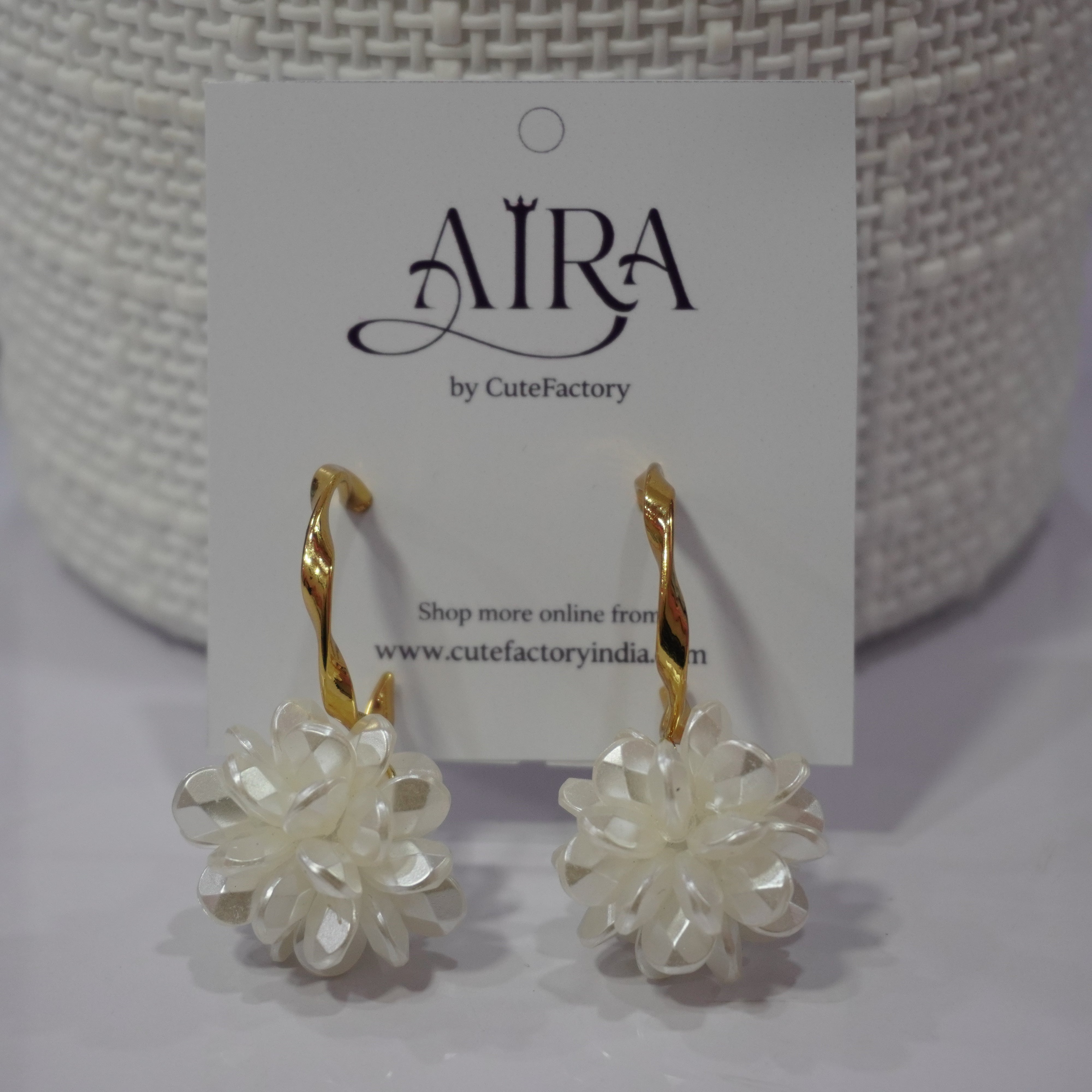 White flower ball hoop earrings