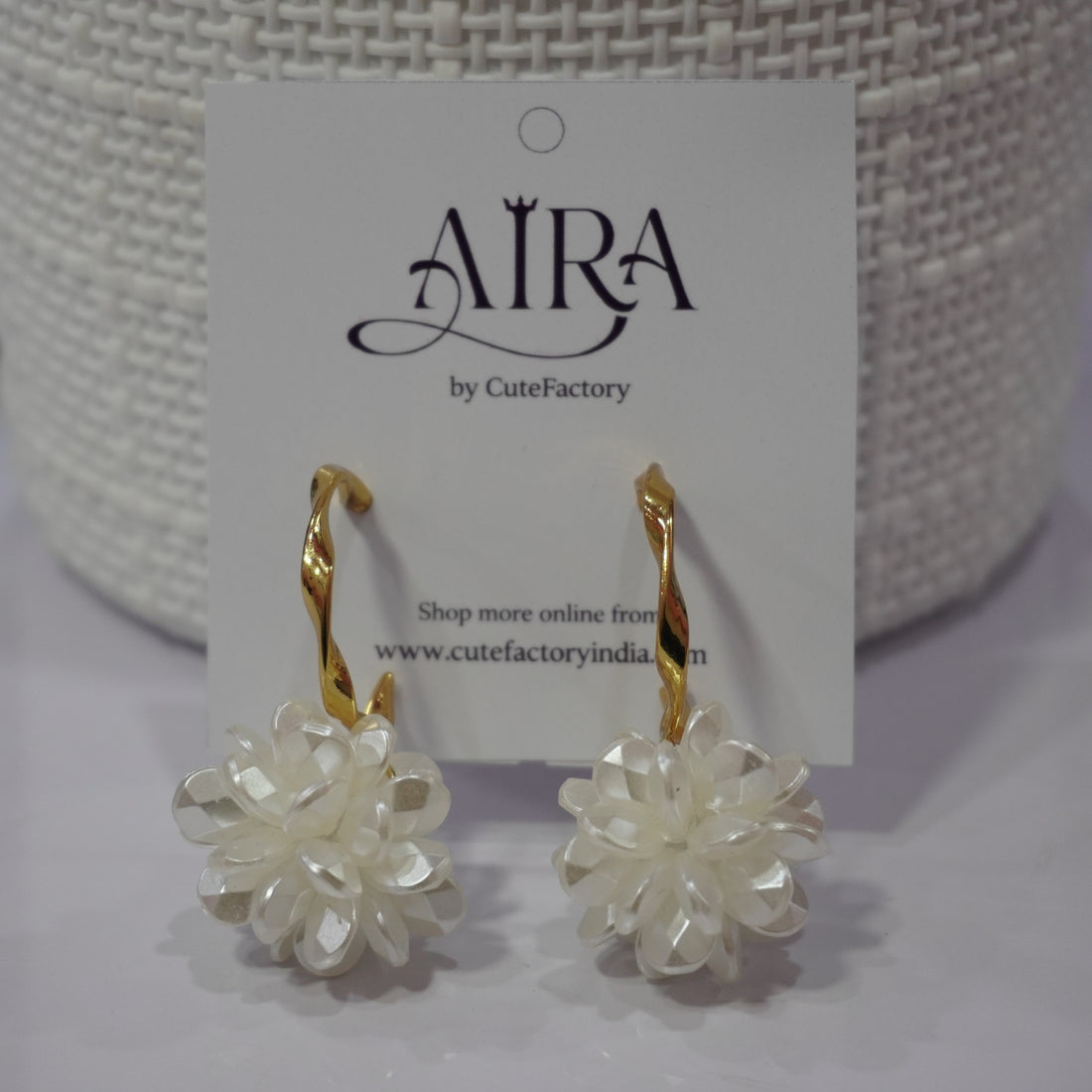 White flower ball hoop earrings