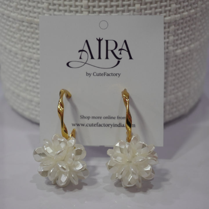 White flower ball hoop earrings