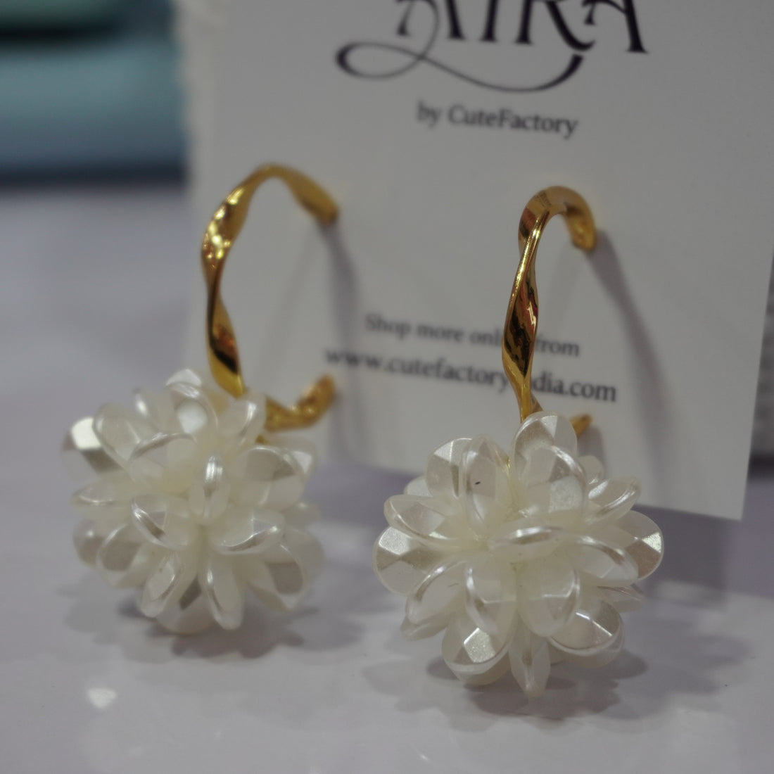 White flower ball hoop earrings