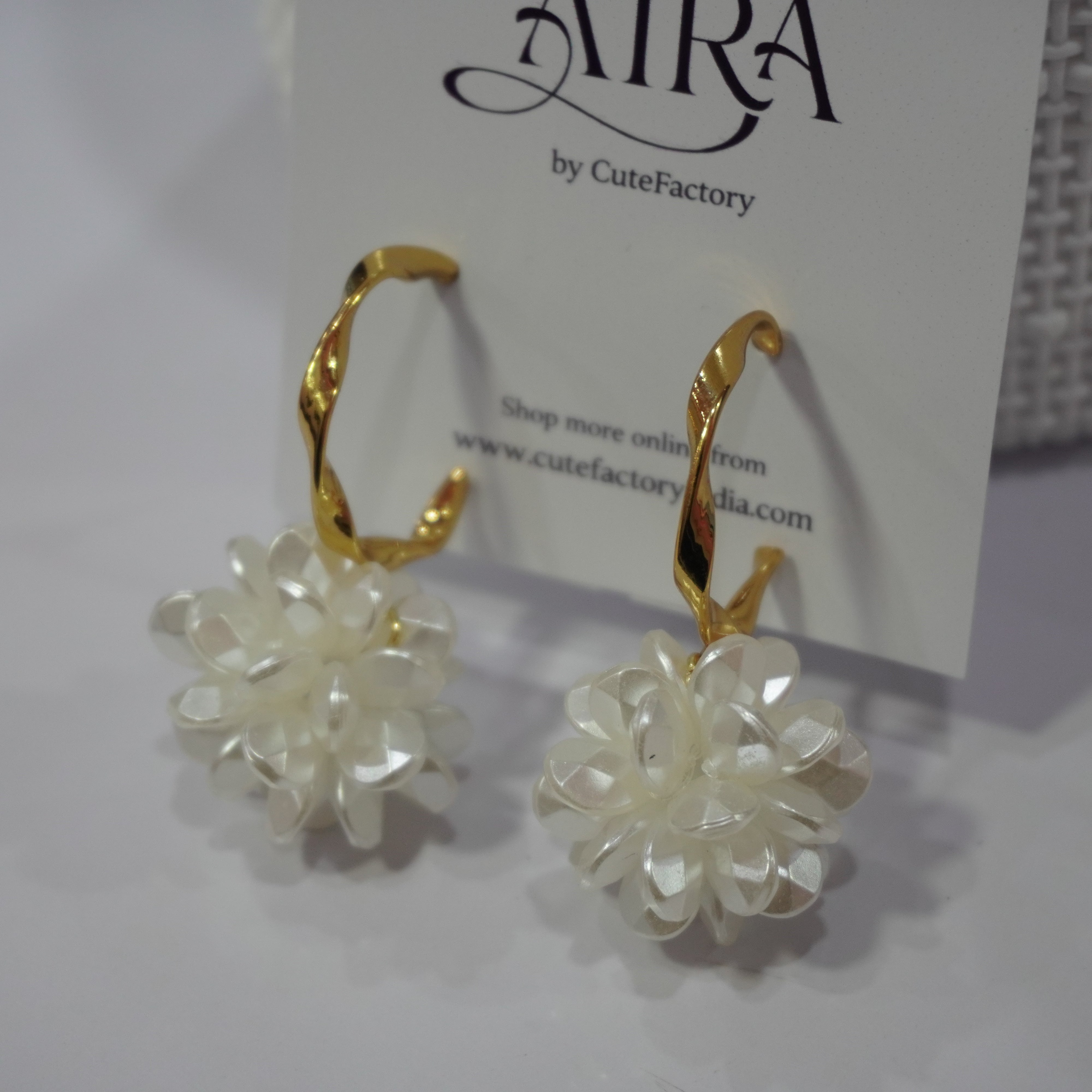 White flower ball hoop earrings