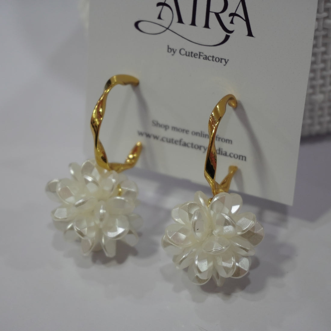 White flower ball hoop earrings
