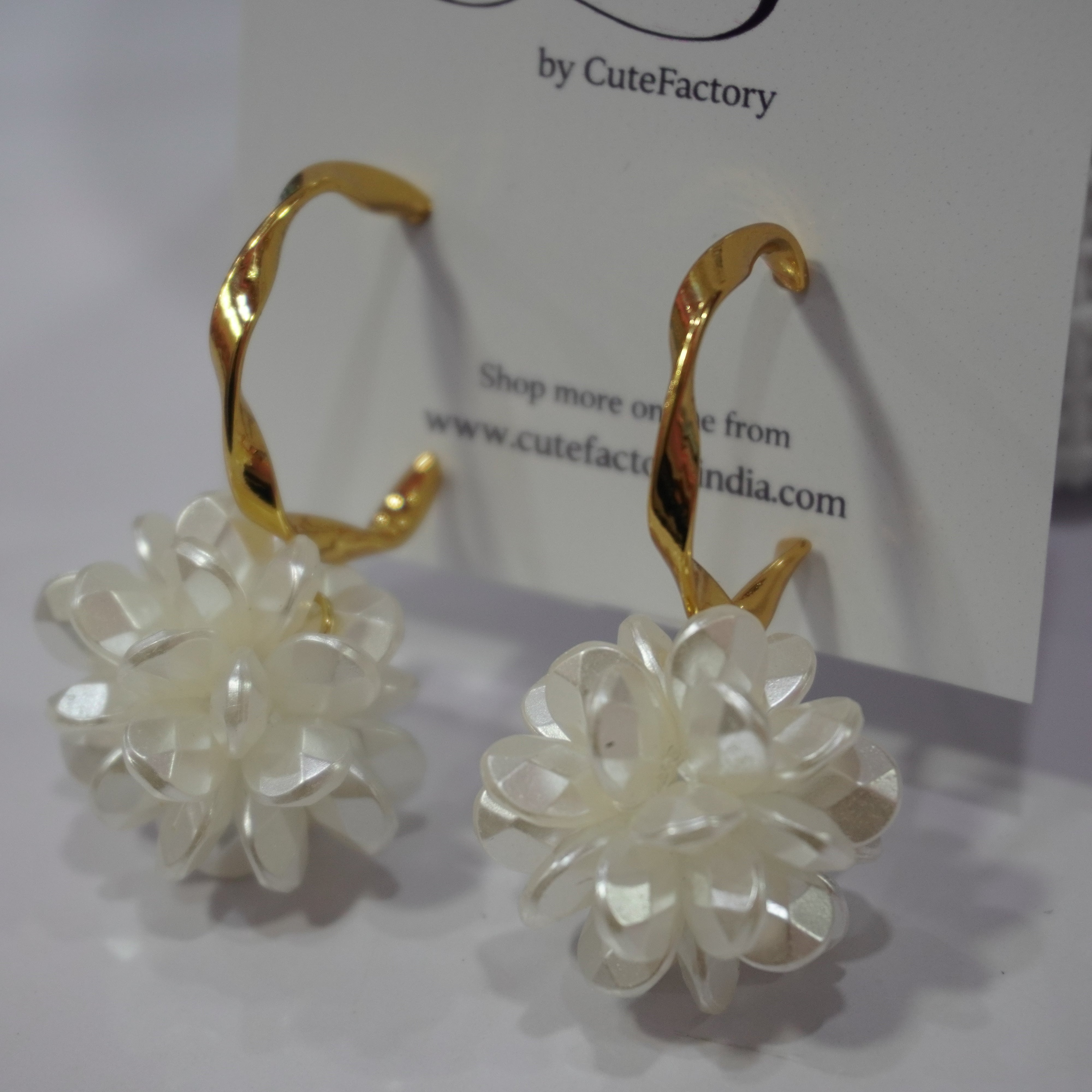 White flower ball hoop earrings