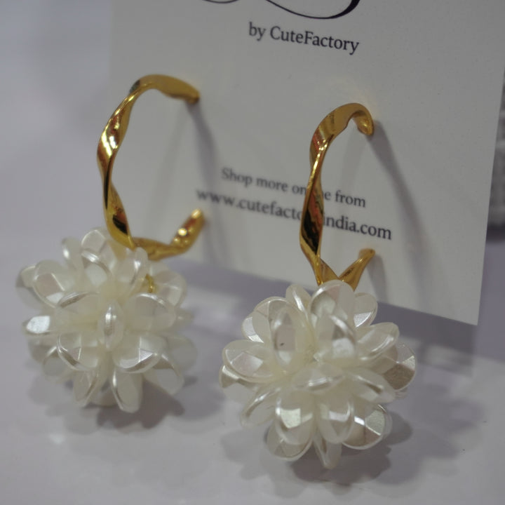 White flower ball hoop earrings