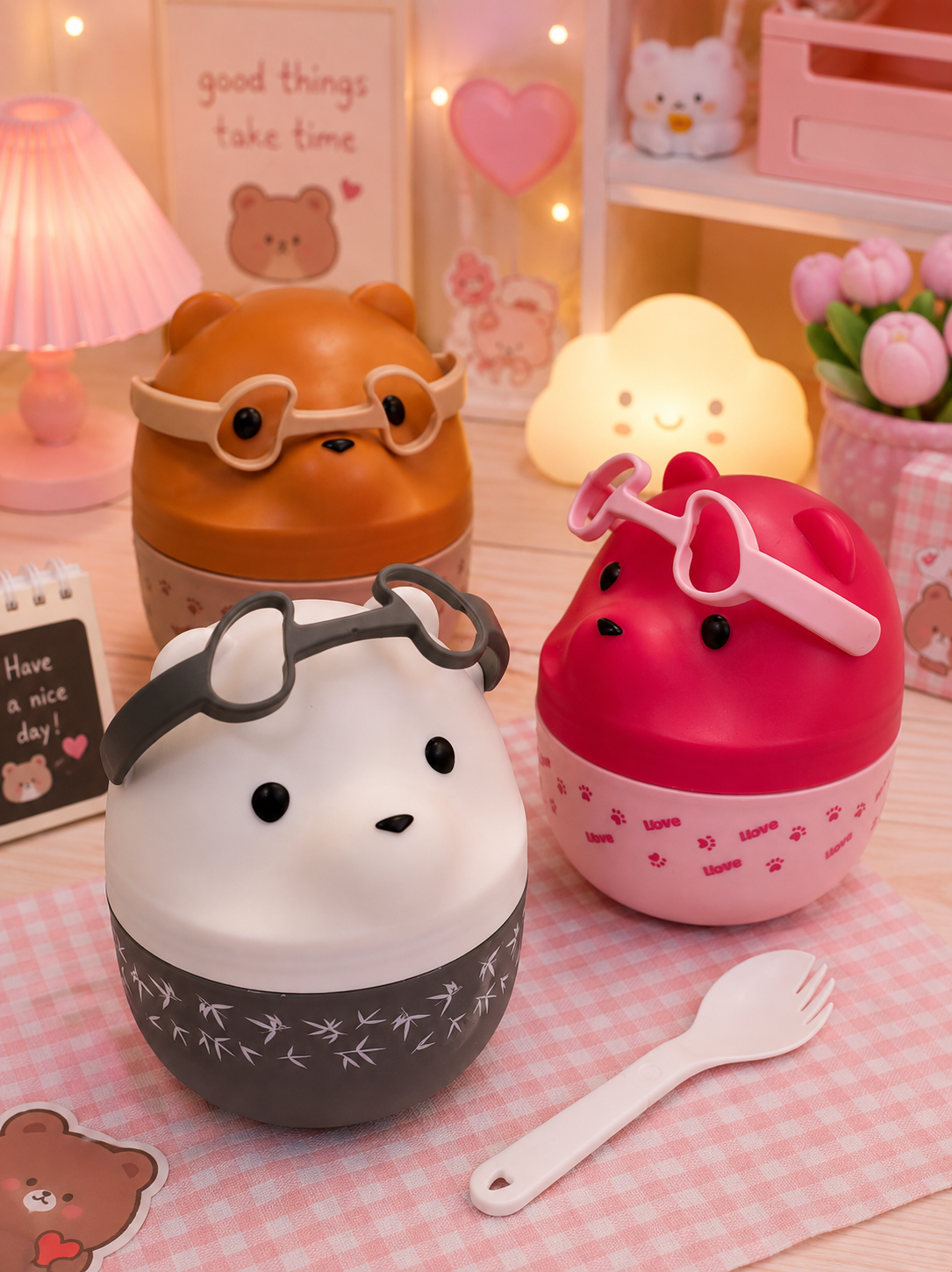 Kawaii glasses handle bear lunchbox
