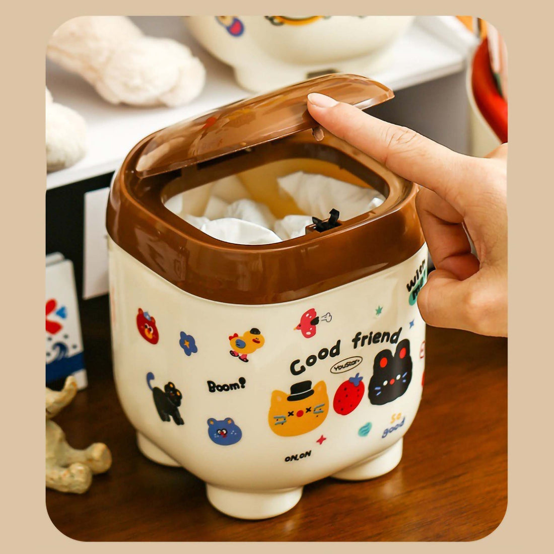 Kawaii dustbin with quirky stickers