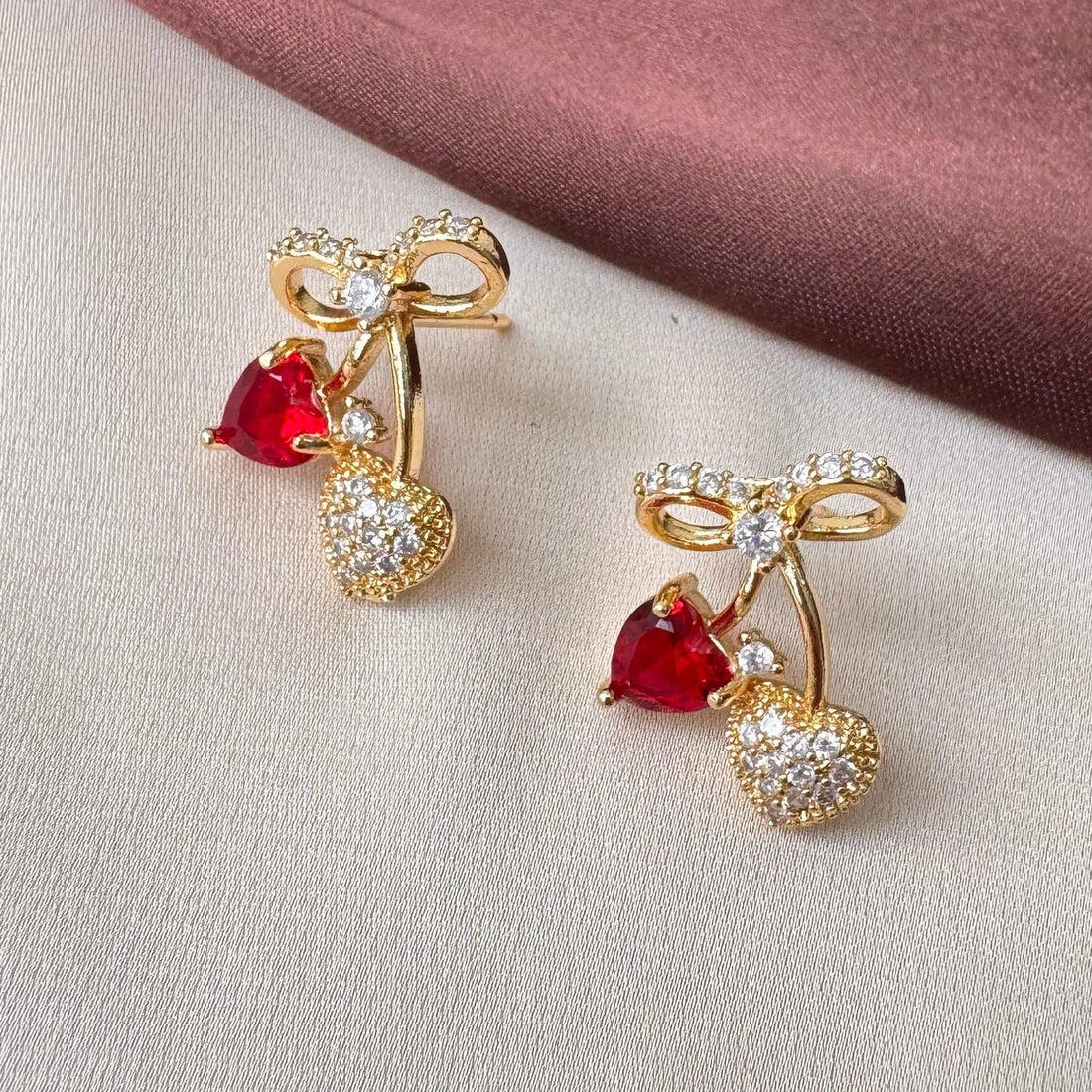 Ruby Heart Cherry Bow Earrings
