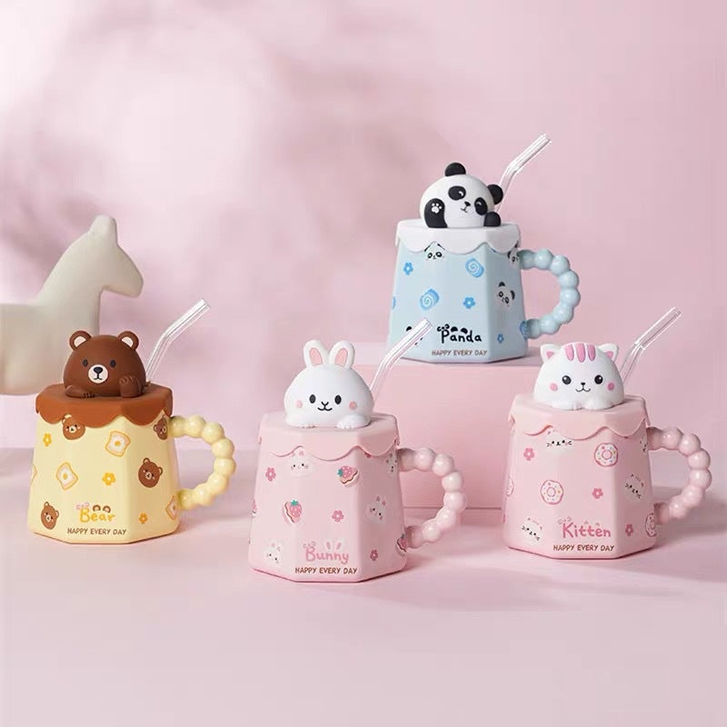Kawaii characters mug with lid and straw