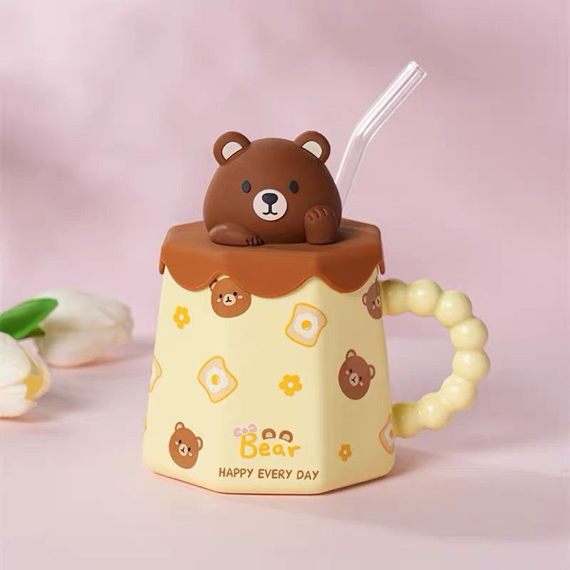 Kawaii characters mug with lid and straw