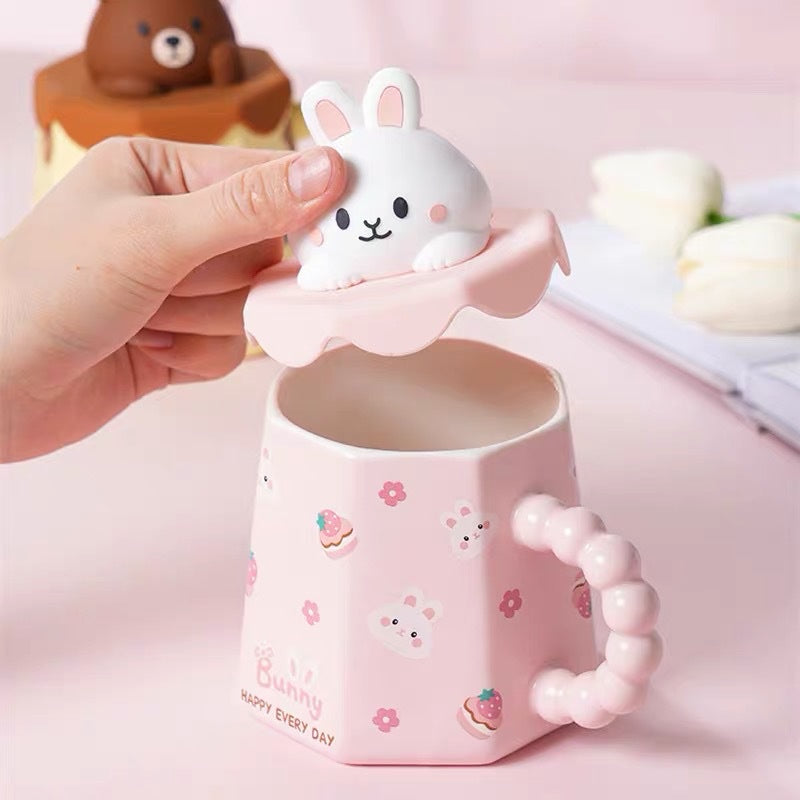 Kawaii characters mug with lid and straw