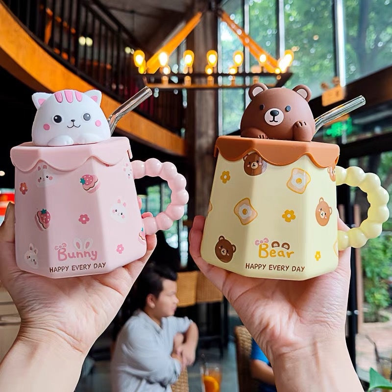 Kawaii characters mug with lid and straw