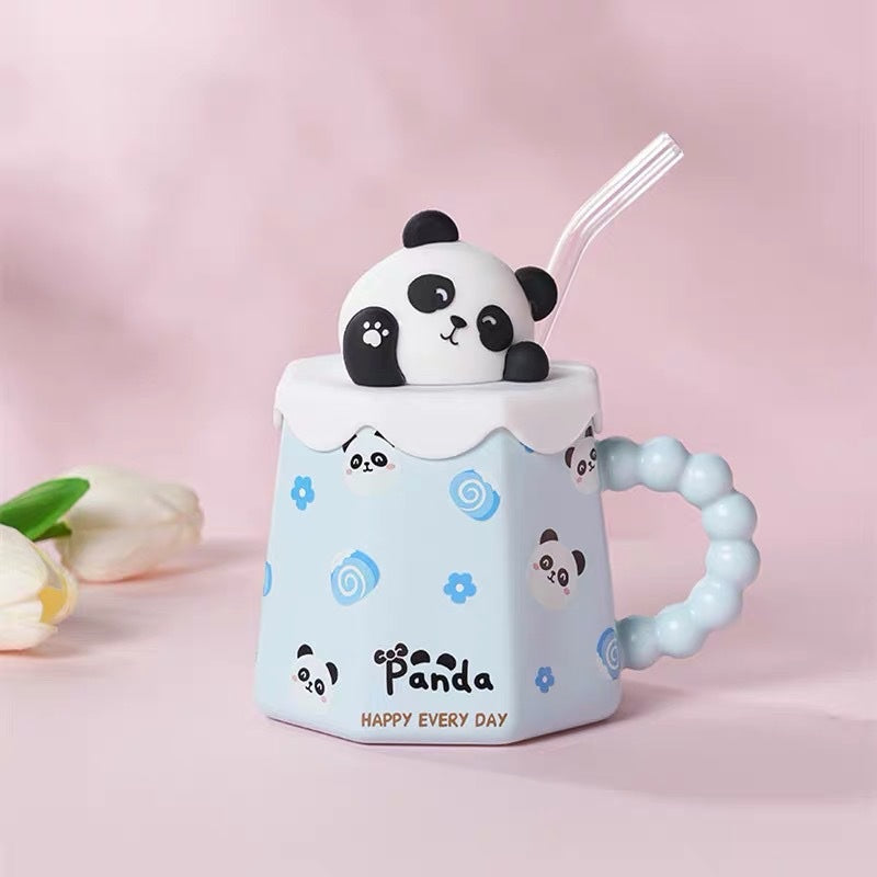 Kawaii characters mug with lid and straw