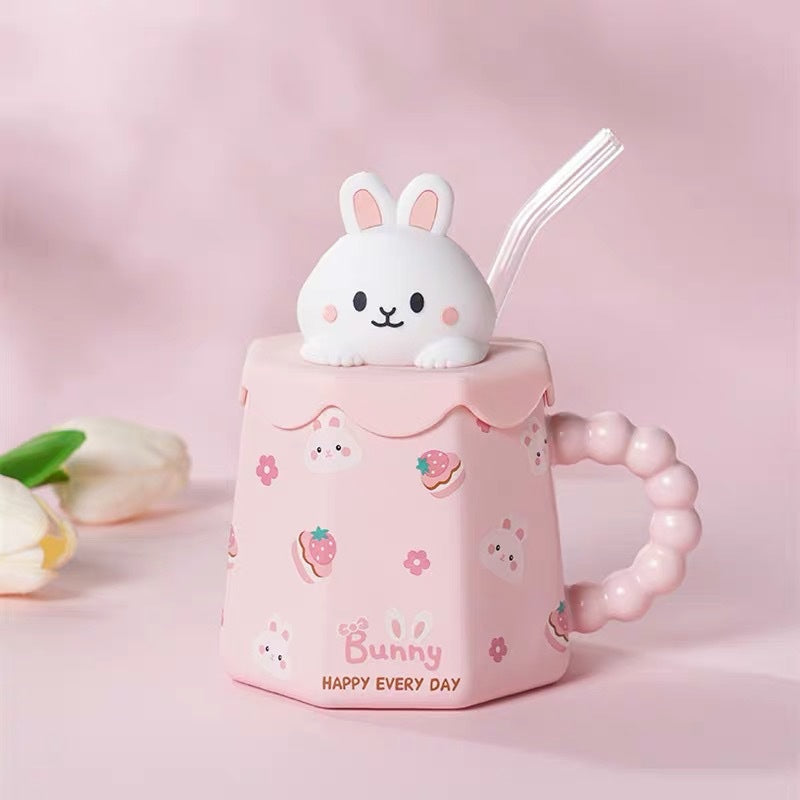 Kawaii characters mug with lid and straw