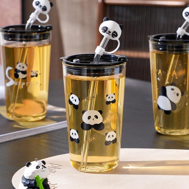 Panda transparent glass sipper with lid and straw