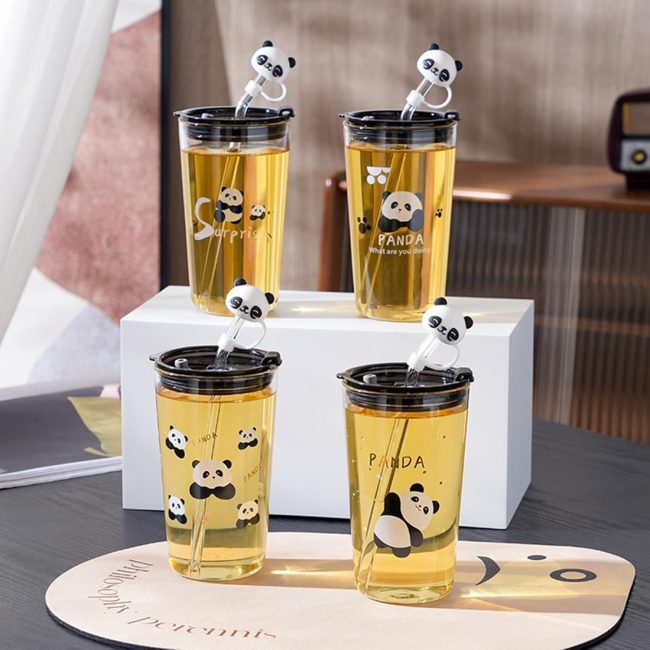 Panda transparent glass sipper with lid and straw
