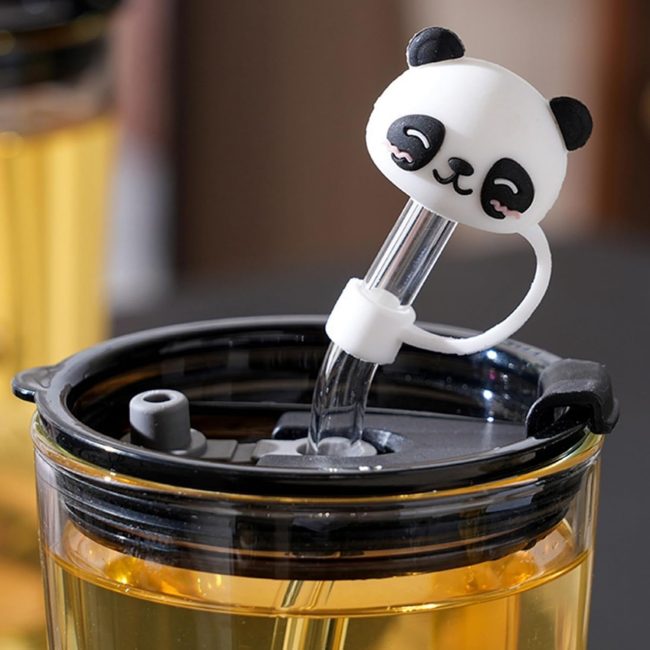 Panda transparent glass sipper with lid and straw