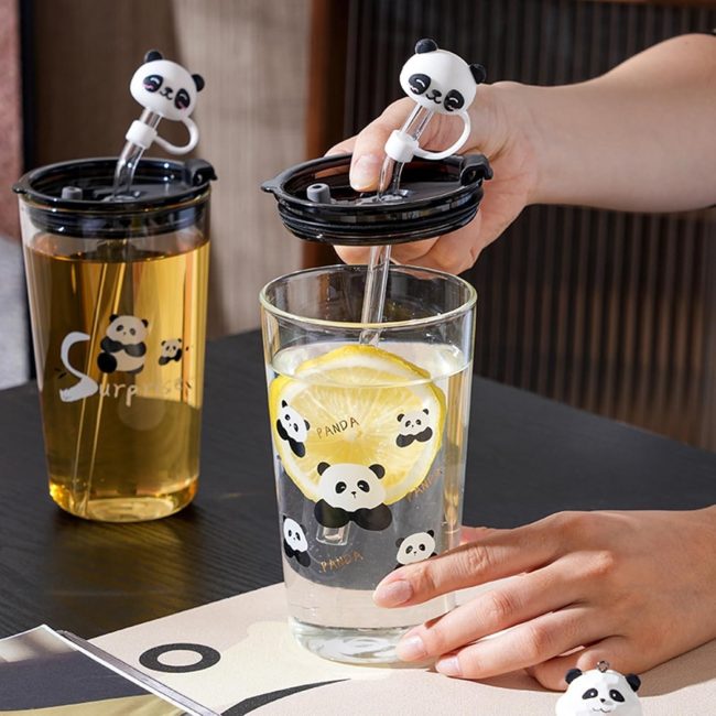 Panda transparent glass sipper with lid and straw